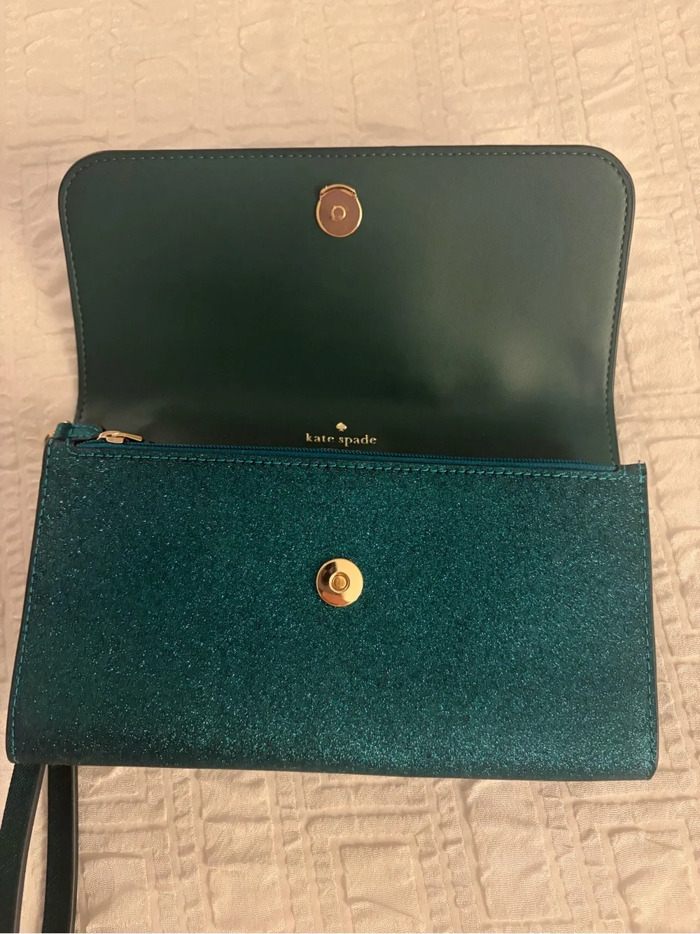 NWOT Kate Spade Glimmer Medium Flap Wristlet - Festive Teal Glitter